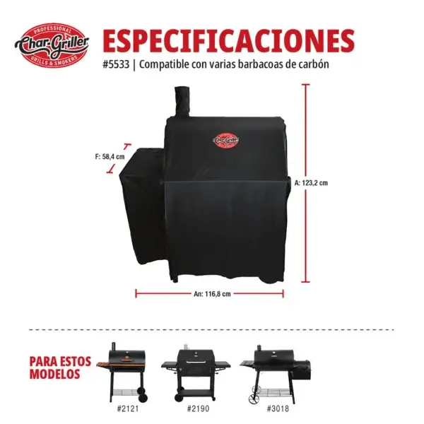 Infografía en español de la funda Char-Griller 5533 con medidas y modelos compatibles en configuración compacta.