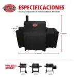 Infografía en español de la funda Char-Griller 5533 extendida con medidas y modelos compatibles.