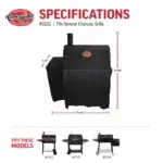 Infografía en inglés de la funda Char-Griller 5533 con medidas y modelos compatibles en configuración compacta