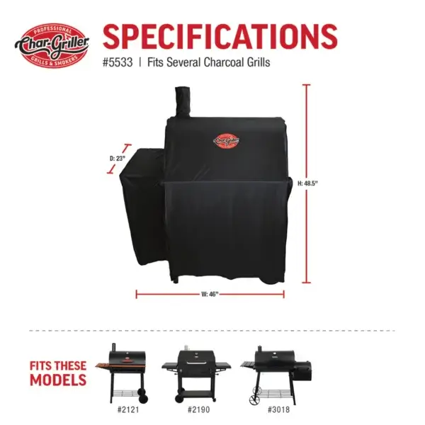 Infografía en inglés de la funda Char-Griller 5533 con medidas y modelos compatibles en configuración compacta