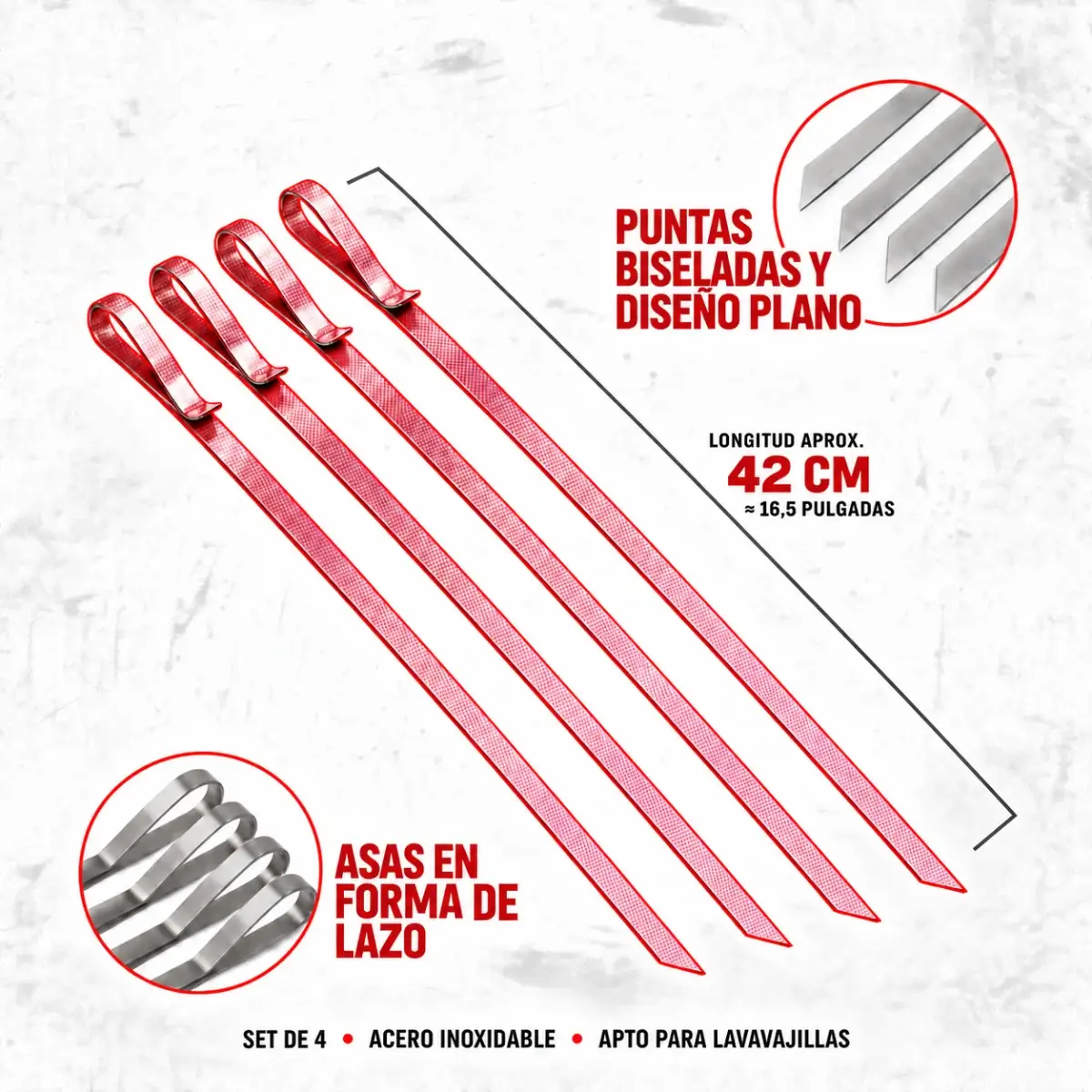 Infografía del diseño ancho y plano de las brochetas de acero inoxidable Char-Griller