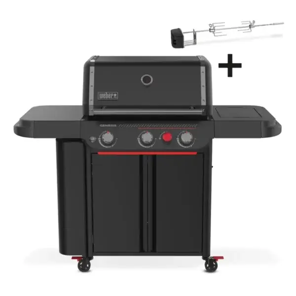 Vista frontal de la Weber Genesis Works E-330WR STEALTH sobre fondo blanco con accesorio de asador giratorio incluido.