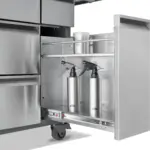 Detalle del cajón lateral para condimentos de la parrilla Napoleon Prestige PRO 665 Elite con botellas y accesorios en el interior.
