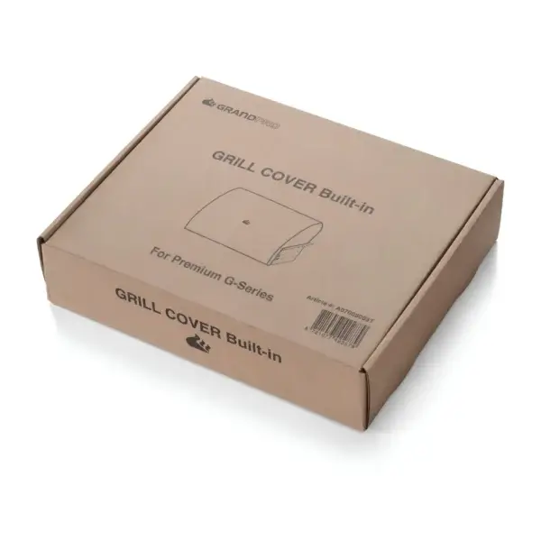 Caja de cartón de la funda GrandPro Premium G para barbacoas empotrables, con impresión del producto y código de barras.