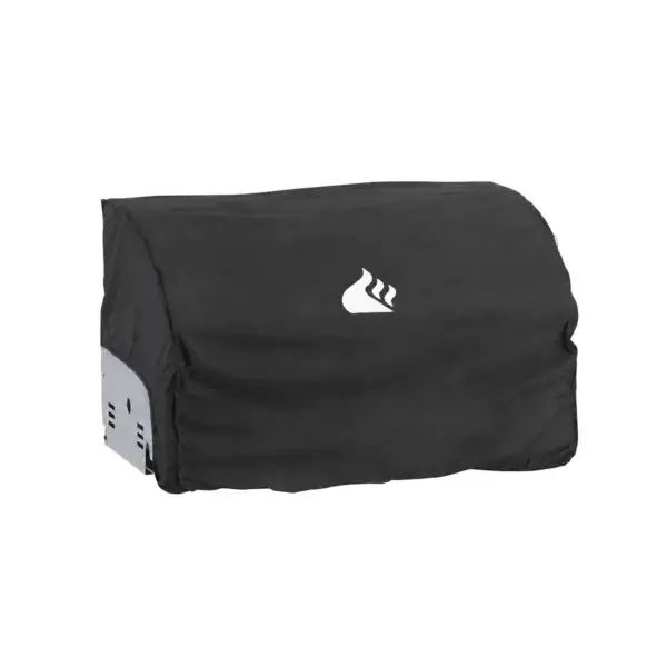 Funda negra GrandPro Premium G sobre una barbacoa empotrable, vista frontal en ángulo desde la izquierda.