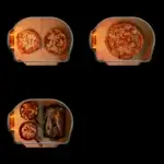 Esquema cenital de capacidad del Gozney Dome Gen 2.0 con una o dos pizzas, carne y verduras.