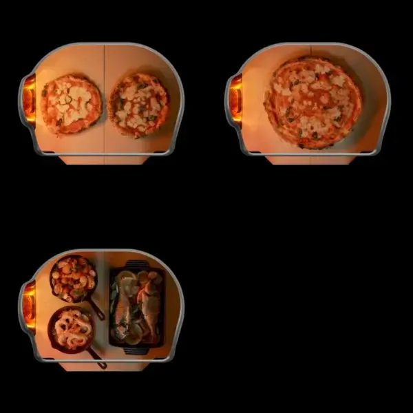Esquema cenital de capacidad del Gozney Dome Gen 2.0 con una o dos pizzas, carne y verduras.