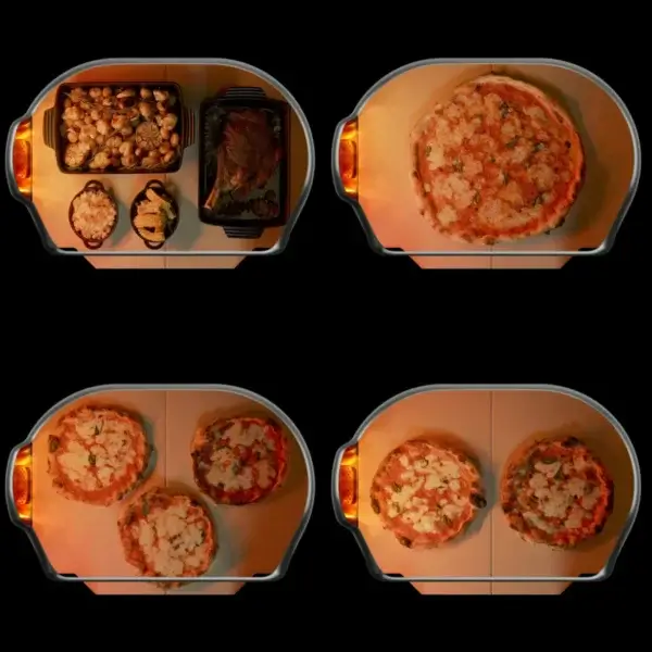 Esquema cenital de capacidad del Gozney Dome XL Gen 2.0 con pizzas, bandejas, carne y guarniciones.