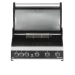 Barbacoa de gas empotrable GrandPro Maxim G5 abierta, vista frontal, con parrillas y quemador trasero infrarrojo.