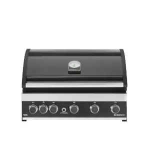 Barbacoa empotrable GrandPro Maxim G5 cerrada, vista frontal, con tapa negra, termómetro y panel de mandos.