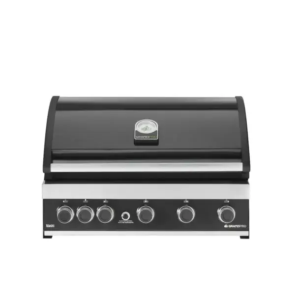 Barbacoa empotrable GrandPro Maxim G5 cerrada, vista frontal, con tapa negra, termómetro y panel de mandos.
