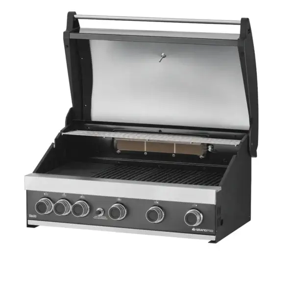 Barbacoa de gas GrandPro Maxim G5 abierta en vista de tres cuartos derecha, con parrillas y quemador trasero.