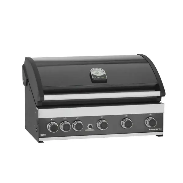 Barbacoa empotrable GrandPro Maxim G5 cerrada en vista de tres cuartos derecha, con termómetro y panel frontal.
