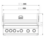 Vista frontal técnica de la barbacoa Grandpro Maxim G5 con tapa cerrada, mandos y medidas.
