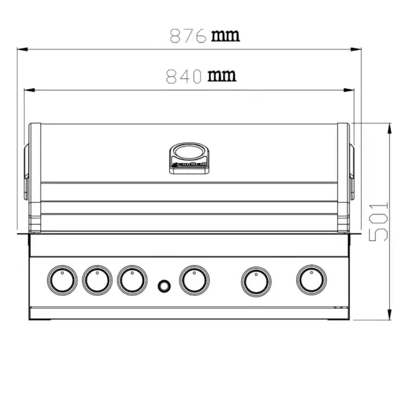 Vista frontal técnica de la barbacoa Grandpro Maxim G5 con tapa cerrada, mandos y medidas.