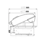 Vista lateral técnica de la barbacoa Grandpro Maxim G5 con tapa abierta y cotas de profundidad.