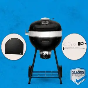 Pack Napoleon PRO22K-LEG-3 con parrilla de carbón negra, plancha reversible y kit de rosticero sobre fondo azul, con sello de 10 años de garantía