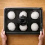 Manos sujetando una Gozney Dough Tray cerrada con seis bolas de masa sobre una mesa de madera.