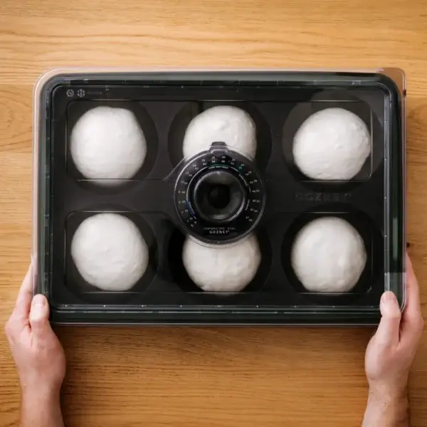Manos sujetando una Gozney Dough Tray cerrada con seis bolas de masa sobre una mesa de madera.