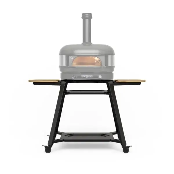 Soporte Gozney Dome Gen 2 con horno Dome Standard Off-Black a leña y llama visible en vista frontal.