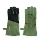 Dos guantes Gozney de ante verde y negro sobre fondo blanco, mostrando el anverso y el reverso.
