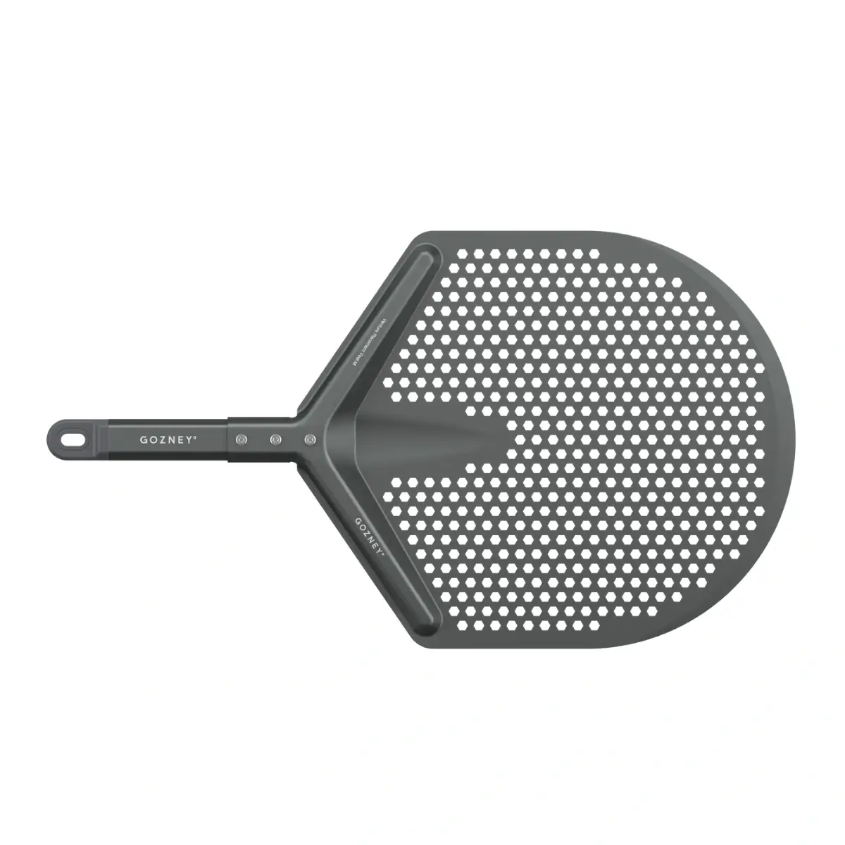 Pala para pizza Gozney Venture con perforación hexagonal Vista superior de la pala para pizza Gozney Venture perforada