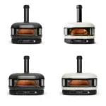 Comparativa frontal de cuatro hornos Gozney Dome Gen 2.0 y Dome XL Gen 2.0 en acabados Off Black y Bone.