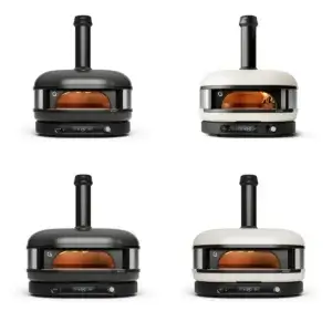 Comparativa frontal de cuatro hornos Gozney Dome Gen 2.0 y Dome XL Gen 2.0 en acabados Off Black y Bone.