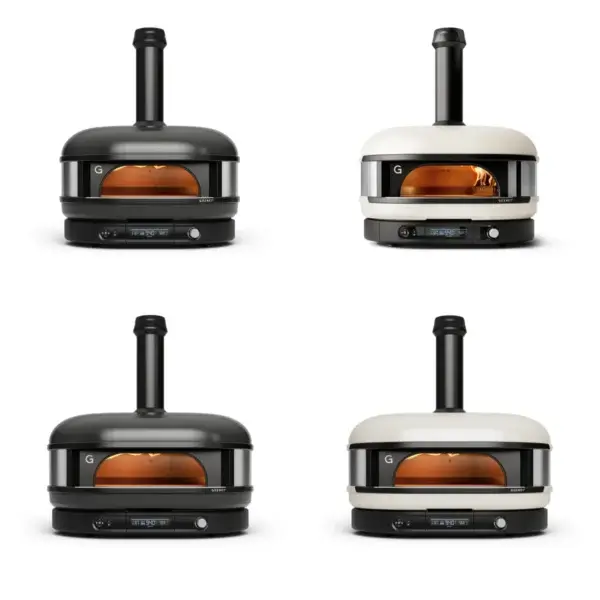 Comparativa frontal de cuatro hornos Gozney Dome Gen 2.0 y Dome XL Gen 2.0 en acabados Off Black y Bone.