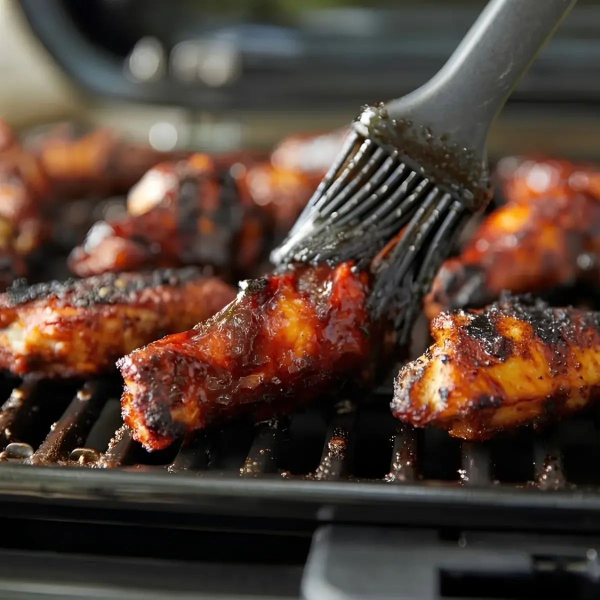 Glazed chicken wings cooked on a portable gas barbecue