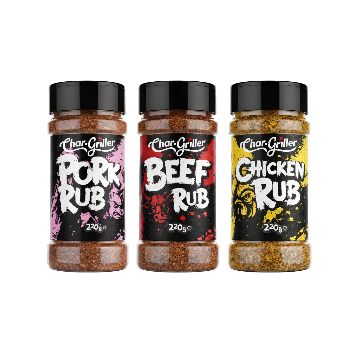 Envases Char-Griller Pork Rub, Beef Rub y Chicken Rub