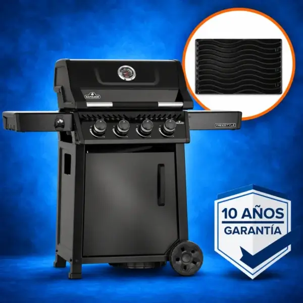 Barbacoa Napoleon Freestyle 425 negra con plancha de hierro fundido 56426, sello de 10 años de garantía y fondo azul.