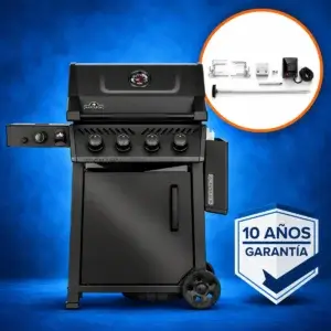 Barbacoa Napoleon Phantom Freestyle PRO 425 negra con kit de rotisserie 69302, sello de 10 años de garantía y fondo azul.