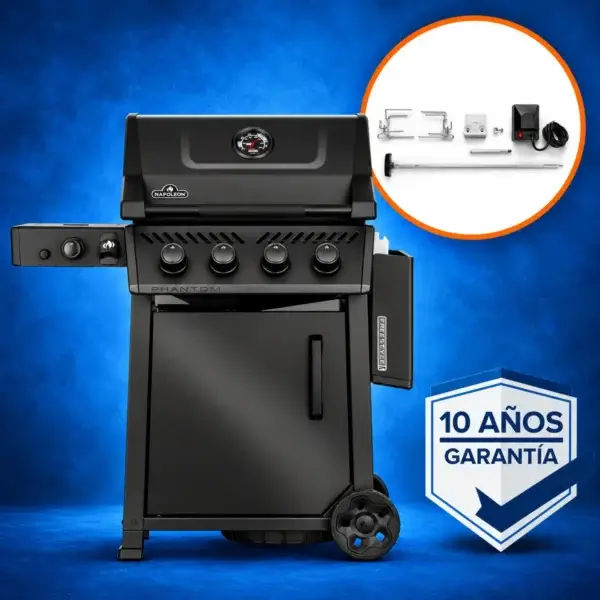 Barbacoa Napoleon Phantom Freestyle PRO 425 negra con kit de rotisserie 69302, sello de 10 años de garantía y fondo azul.