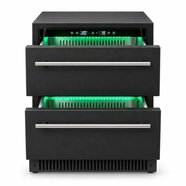 Nevera de exterior Grandpro grafito con los dos cajones abiertos, iluminación LED verde y panel de control visible.