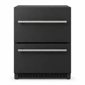 Nevera de exterior Grandpro grafito con dos cajones cerrados y tiradores metálicos, vista frontal.