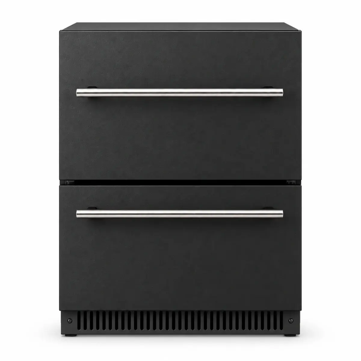 Vista frontal de la nevera de exterior Grandpro grafito con dos cajones refrigerados