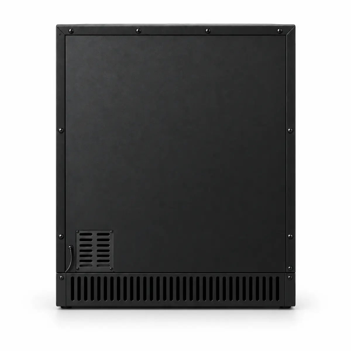 Rear view of the graphite Grandpro outdoor refrigerator with ventilation grille
