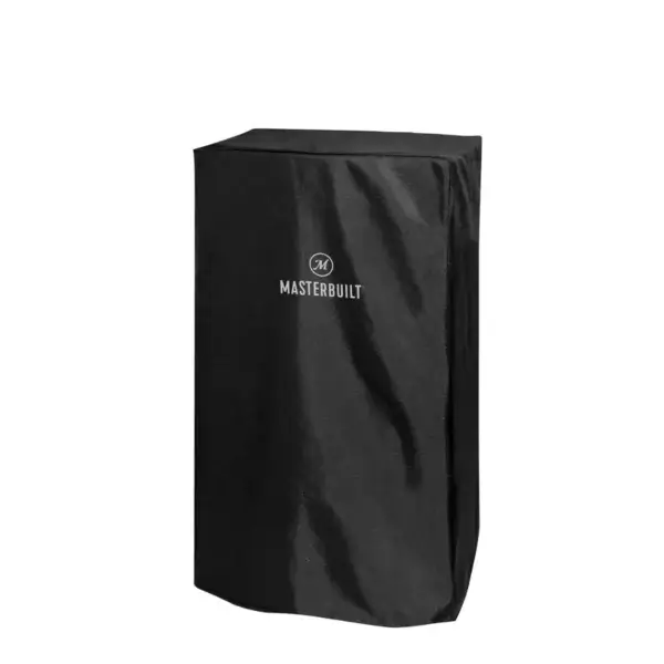 Funda negra Masterbuilt para ahumador eléctrico de 30 pulgadas vista de frente sobre fondo blanco.