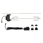 Complete Masterbuilt Gravity Series rotisserie kit on a white background, including motor, skewers, clamps, adaptors, brackets and power cable.