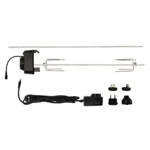Complete Masterbuilt Gravity Series rotisserie kit on a white background, including motor, skewers, clamps, adaptors, brackets and power cable.