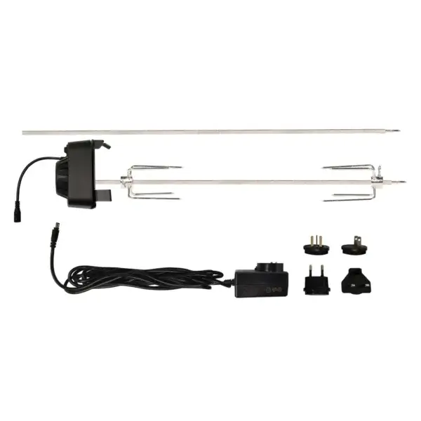 Complete Masterbuilt Gravity Series rotisserie kit on a white background, including motor, skewers, clamps, adaptors, brackets and power cable.