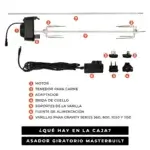 Infografía en español del kit rostizador Masterbuilt Gravity Series con motor, varillas, garras para carne, adaptadores, soportes y fuente de alimentación.