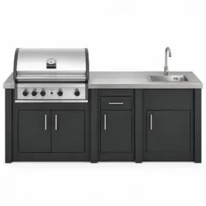 Cocina exterior Grandpro AluKitchen Pro Elite en grafito, vista frontal, con barbacoa, módulo de trabajo, fregadero y grifo.