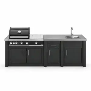 Vista frontal de la cocina Grandpro AluKitchen Maxim Plus grafito con barbacoa, módulos de almacenaje y fregadero.