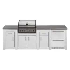 Vista frontal de la cocina Grandpro AluKitchen Pro Elite G4 blanca con todos los módulos cerrados y frigorífico de dos cajones.