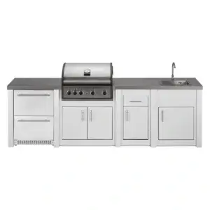 Cocina exterior Grandpro AluKitchen Pro Elite G4 blanca en perspectiva frontal con frigorífico de dos cajones, barbacoa, módulo de trabajo y fregadero