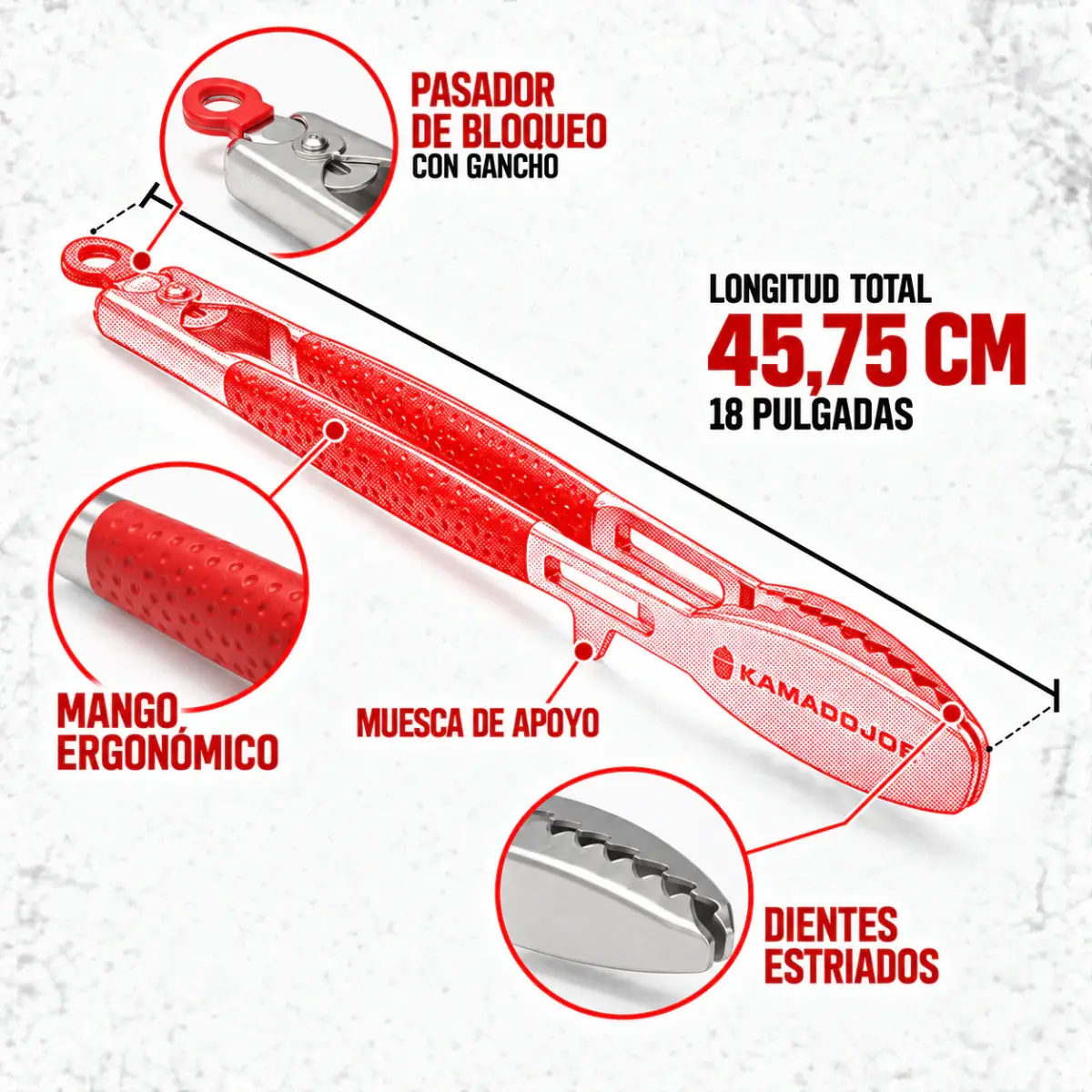 Infografía de la longitud de 45,75 cm de las pinzas Kamado Joe Krafted